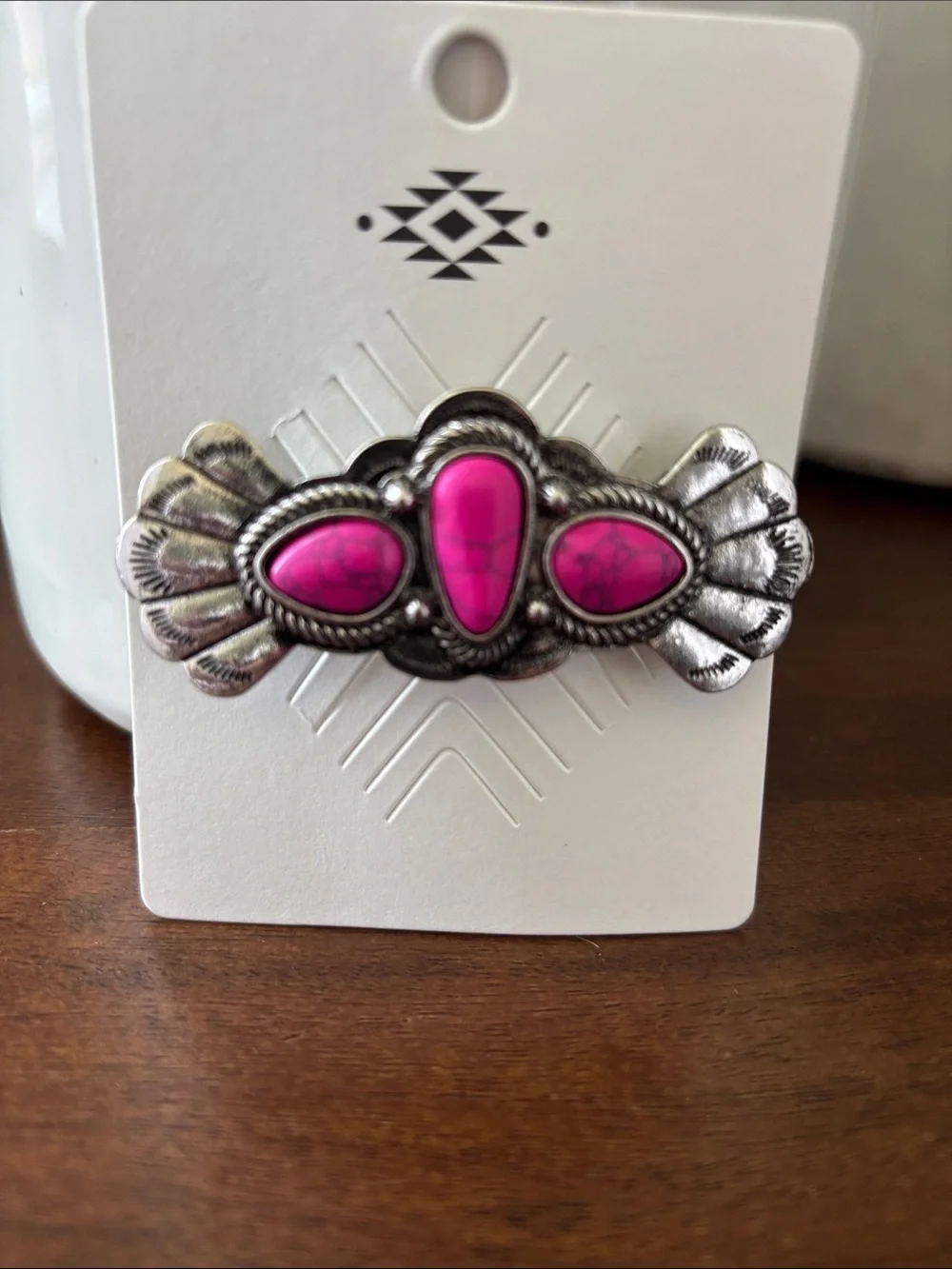 Western Style Silvertone Metal Hairpin,pink marblized stones,snap click,everyday